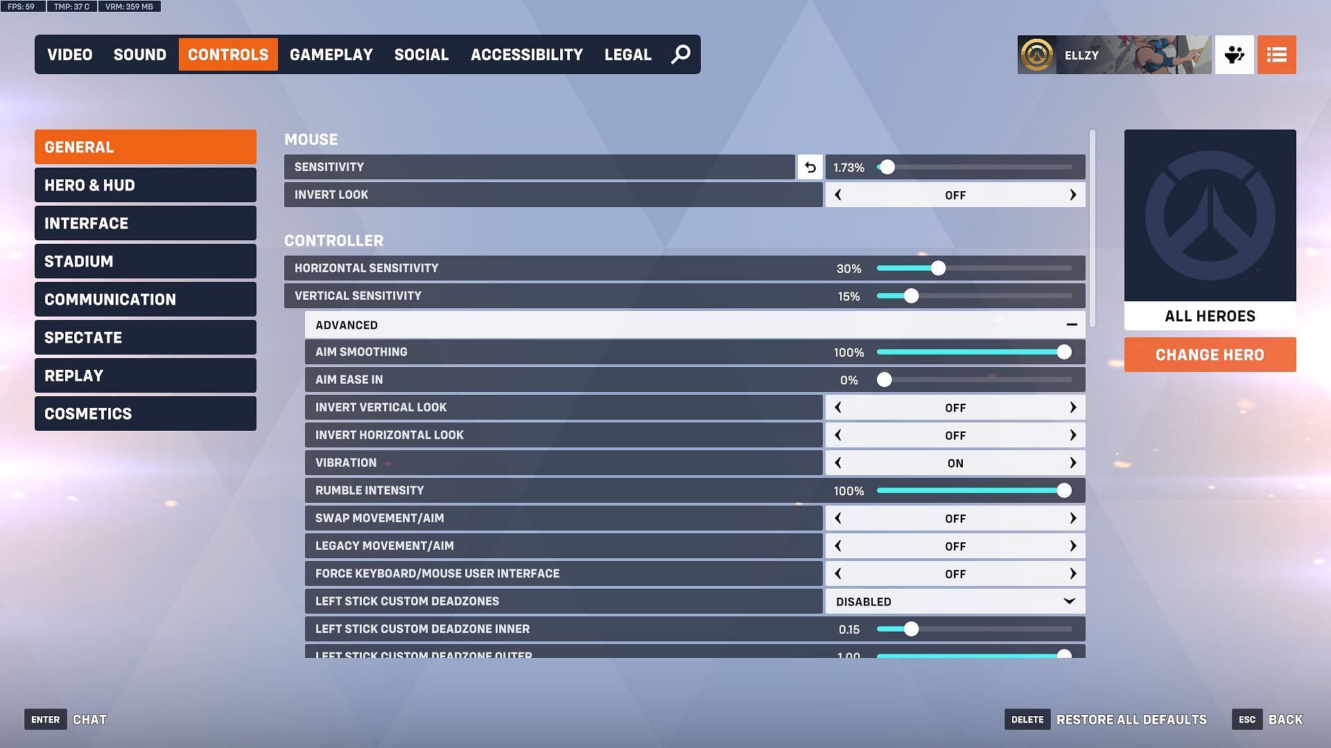 Turning smooth aim off in Overwatch 2 (Image via Sportskeeda Gaming || Blizzard Entertainment)